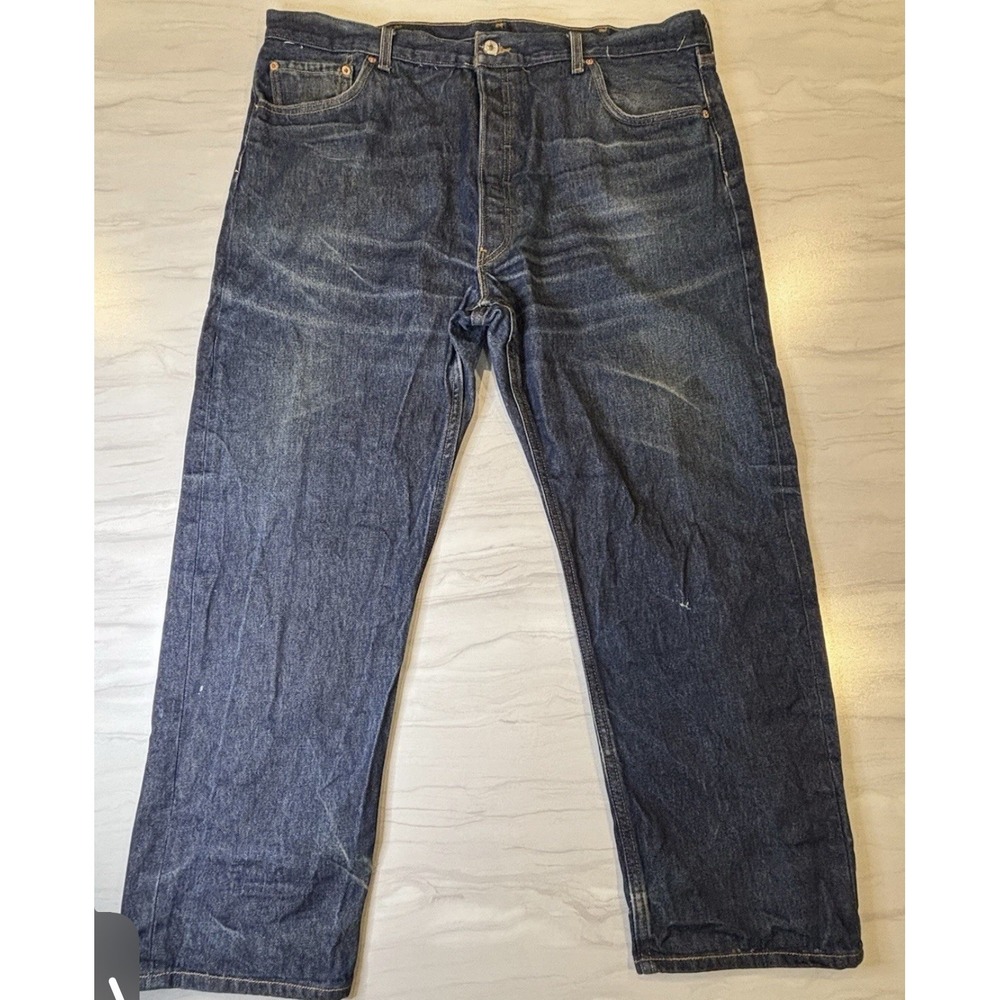 Levis 501 Straight Fit Button Fly Jeans Mens 44x32 Blue Straight Leg Whiskering